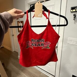 No Boundaries Red Embroidered Rock Star Halter Crop Top vintage y2k